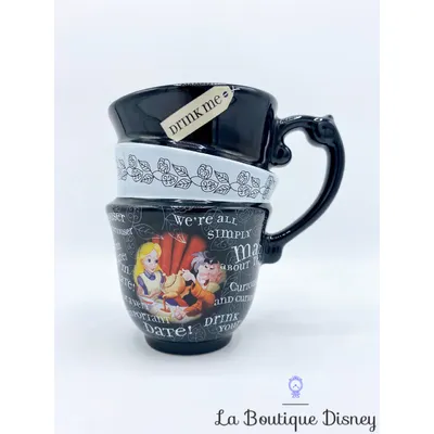 Tasse Alice aux pays des merveilles Disney Parks mug Disneyland noir blanc thé Chapelier empilé