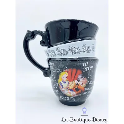 Tasse Alice aux pays des merveilles Disney Parks mug Disneyland noir blanc thé Chapelier empilé