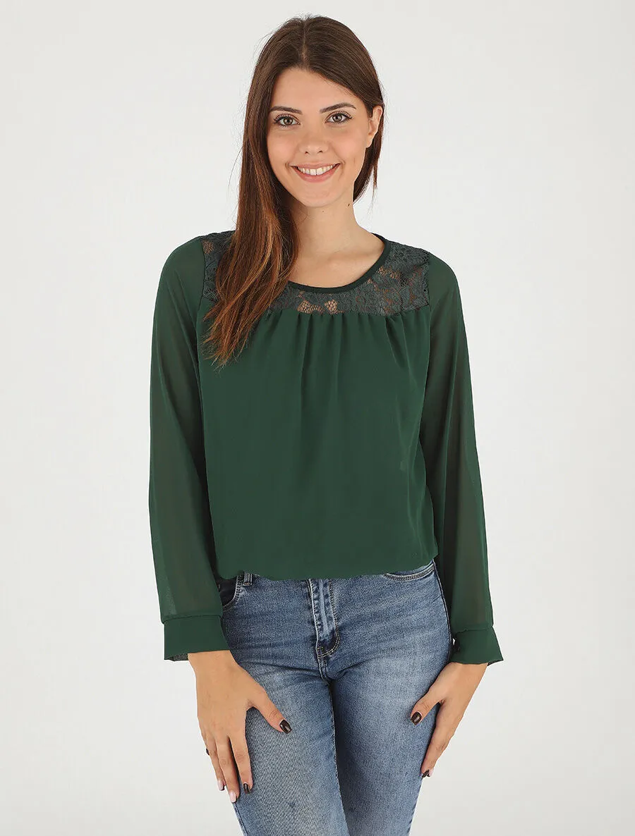 Top uni en voile et dentelle - Vert