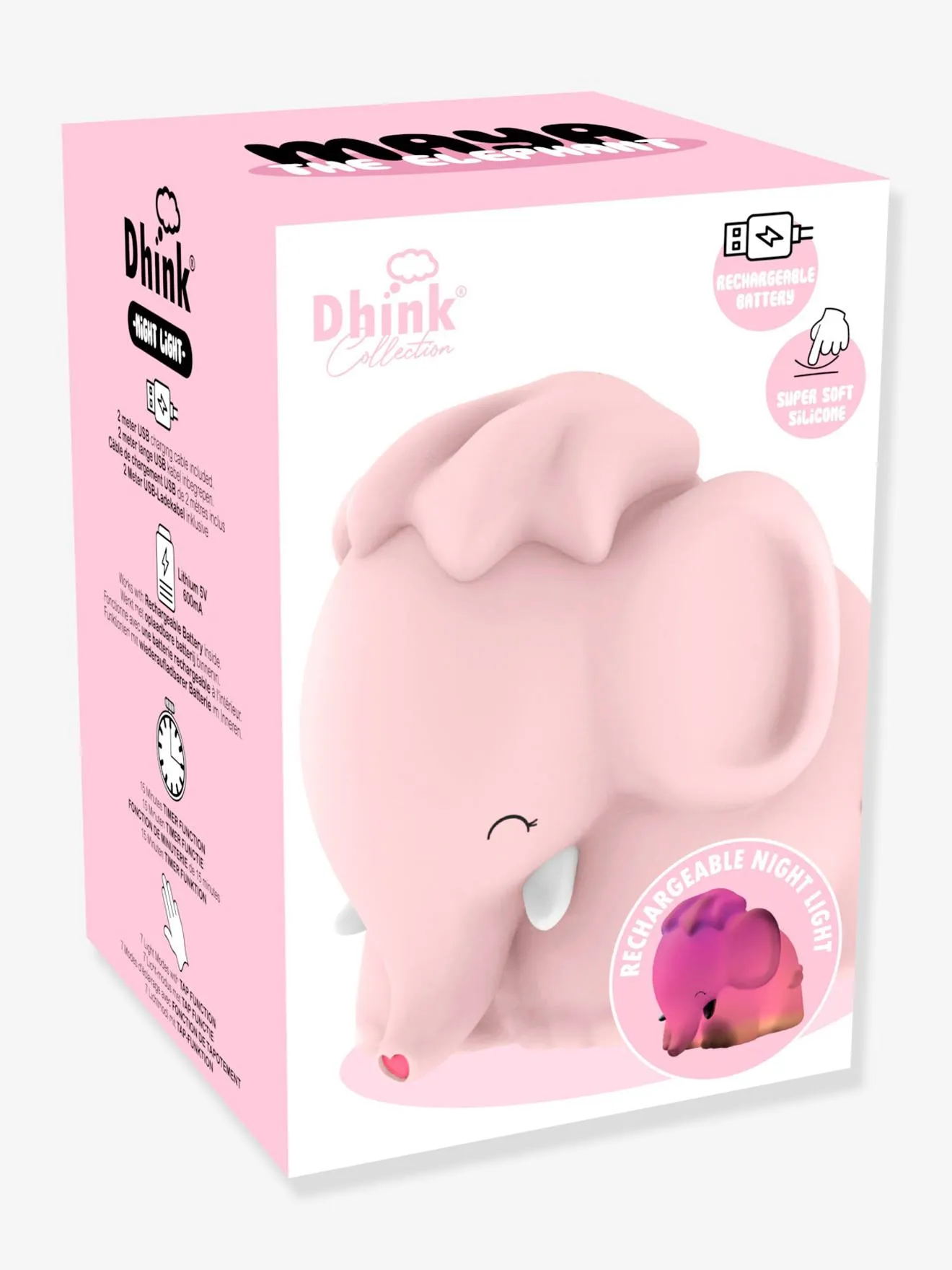 Veilleuse souple rechargeable Maya l'éléphante - DHINK KONTIKI rose - Dhink